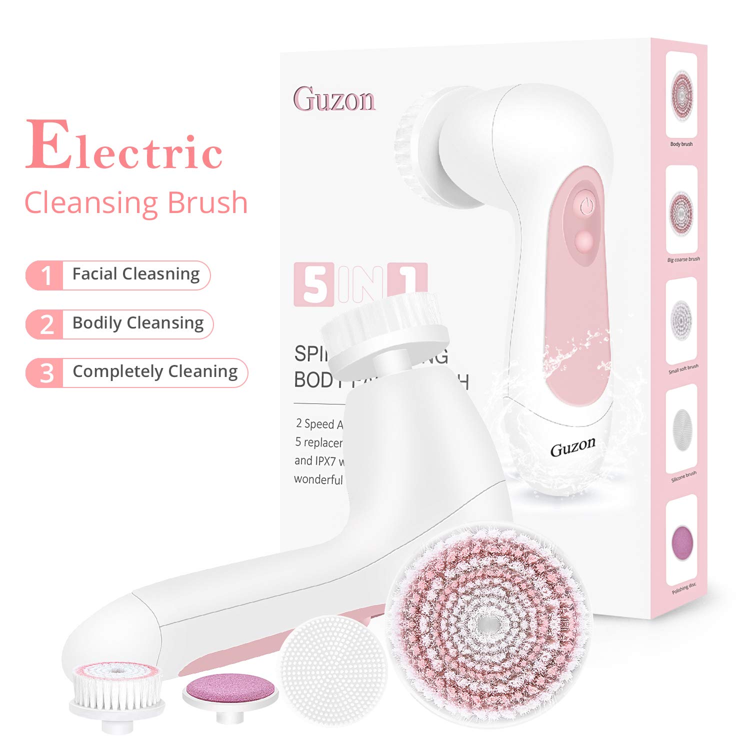 Facial Cleansing Brush Electric Waterproof - Guzon Face Brush for Shower, Deep Cleansing and Gentle Exfoliating, Skin Spin Brush for Face, Facial Cleanser Brush with 5 Brush Heads, Battery Operated: Beauty
