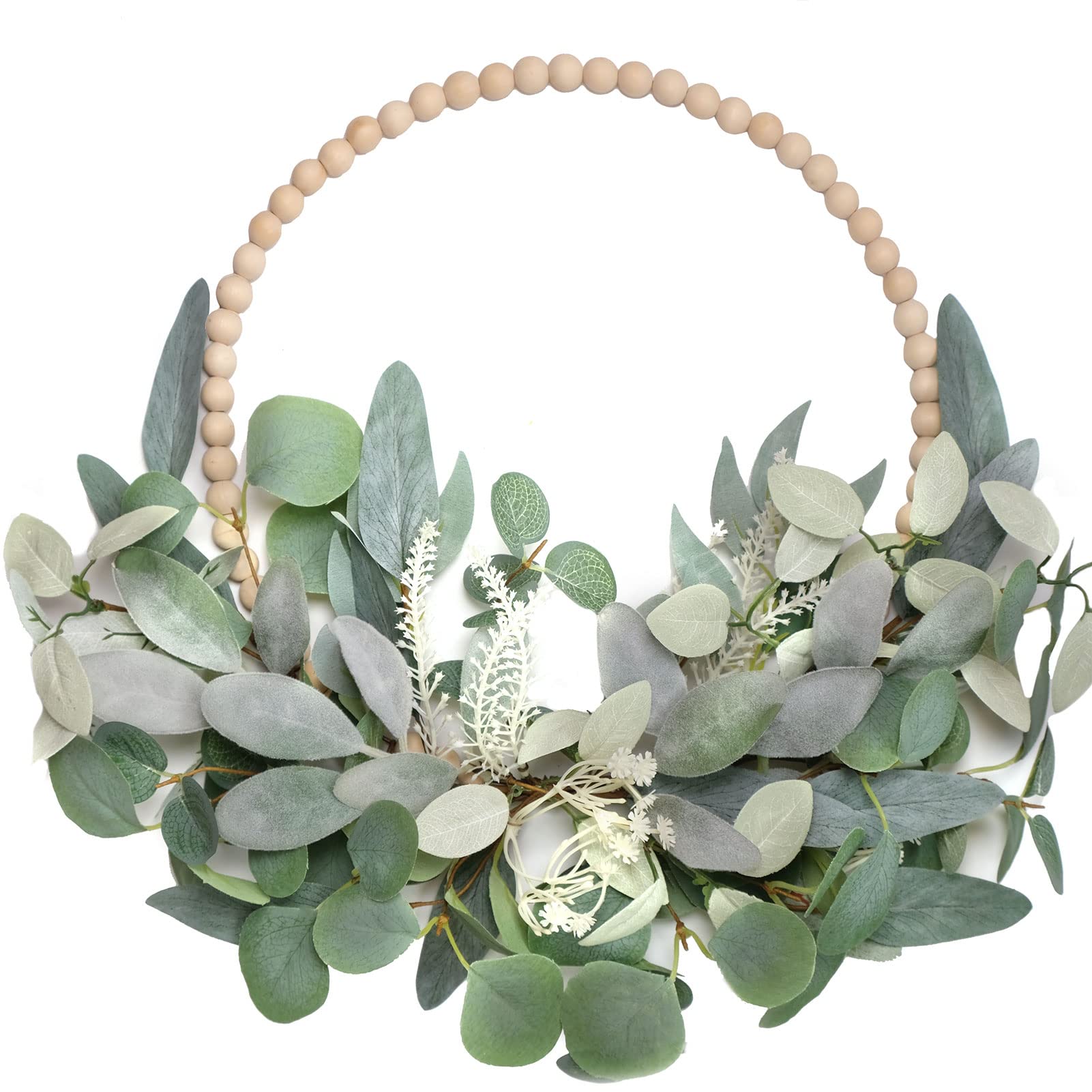 CIR OASES Wood Bead Eucalyptus Leaf Wreath Artificial Green Leaf Wreath Spring Summer Decoration Holiday Party Indoor/Outdoor Farmhouse Wreaths for Front Door Decor