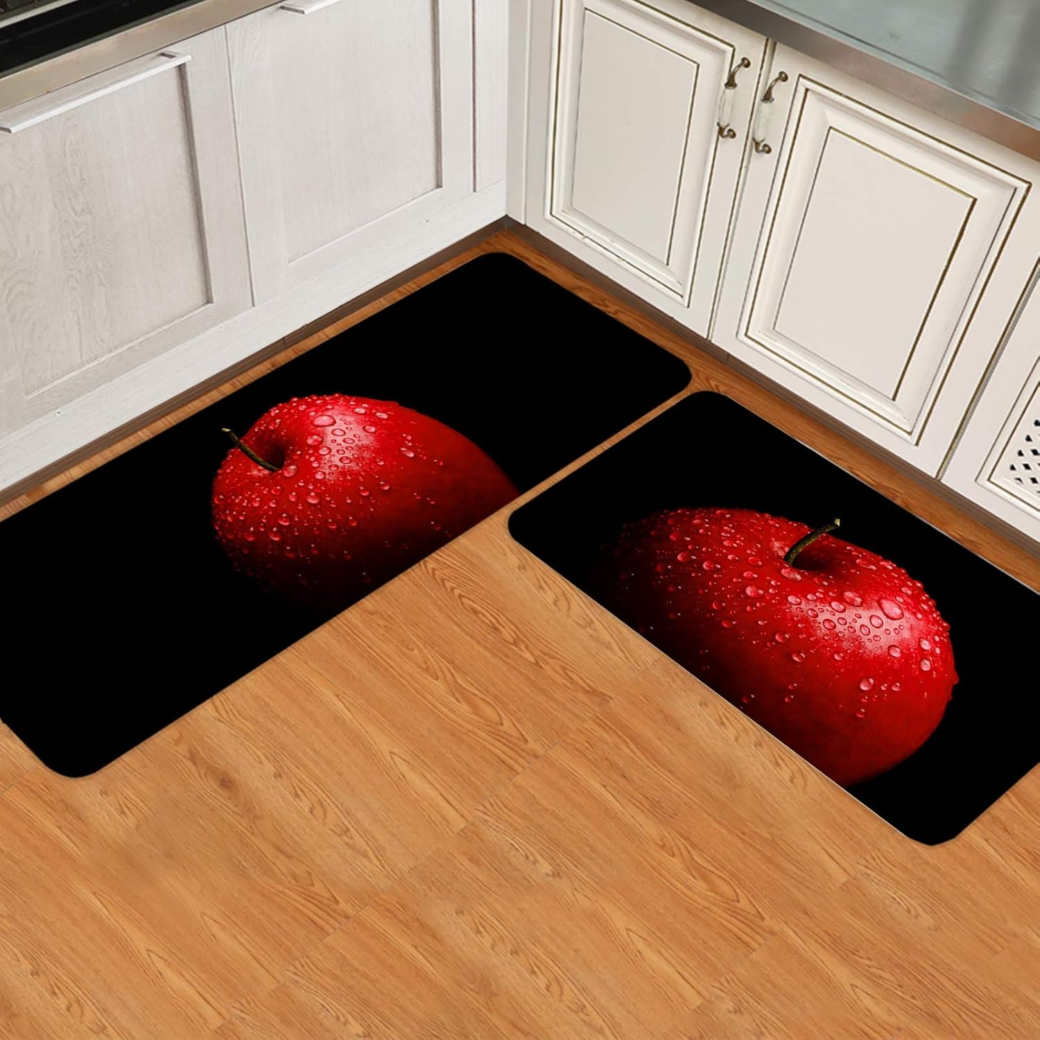 2 Pieces Kitchen Rug Set Non-Slip Backing Mat Throw Rugs Doormats Red Apples Painting Absorbent Area Runner Carpet for Bathroom Water Drop Fruit Black Art