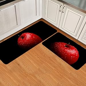2 Pieces Kitchen Rug Set Non-Slip Backing Mat Throw Rugs Doormats Red Apples Painting Absorbent Area Runner Carpet for Bathroom Water Drop Fruit Black Art