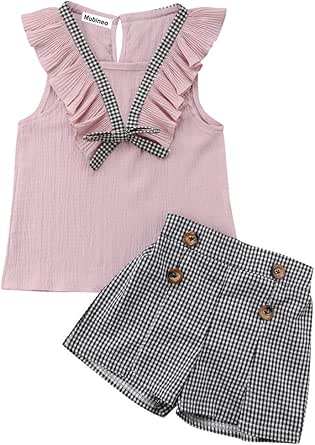 Toddler Baby Girl Sleeveless Tops Plaid Button Summer Shorts Set Clothes Outfits