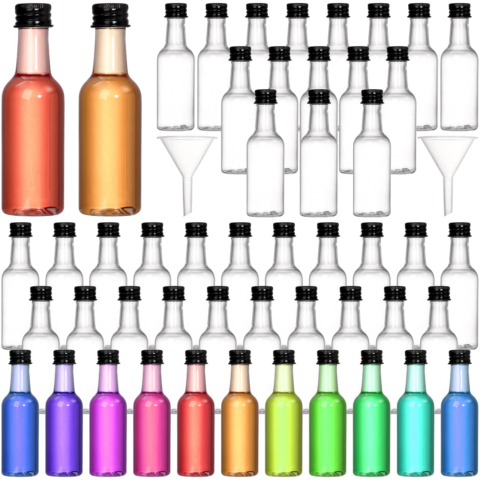 Cedilis 50 Pack 50ml/1.7oz Mini Plastic Liquor Bottles, Airtight Spirit Bottle with Black Cap, Funnels, Little Empty Clear Alcohol Shot Bottles, Miniature Bottle for Weddings, Parties