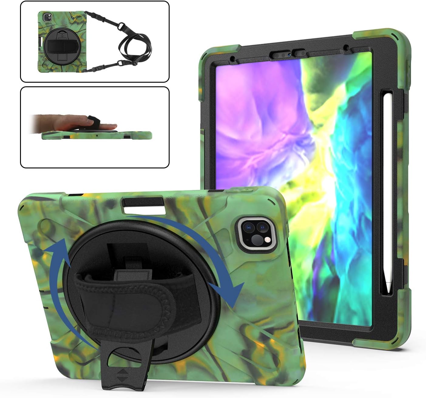TH000 Rugged Case for iPad Pro 11 2020 Kids Friendly Shockproof Heavy Duty Protective 11-inch Cover with Pen Holder/Kickstand/Rotatable Hand Strap/Adjustable Shoulder Strap