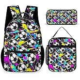Homieblanket Soccer Backpack with Lunch Box & Pencil Case, 16 Inch Cool Soccer Themed Bookbag, Adjustable Lightweight Large Capacity, Colorful Soccer Backpack Set for Kids Girls Boys School