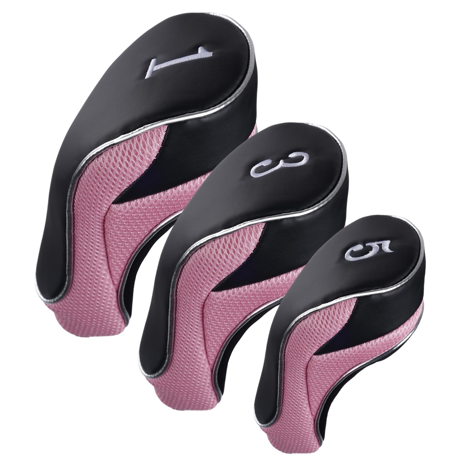 Andux Golf Club 460cc Driver Fairway Wood Head Covers with Hook & Loop Set of 3 (Black/Pink)