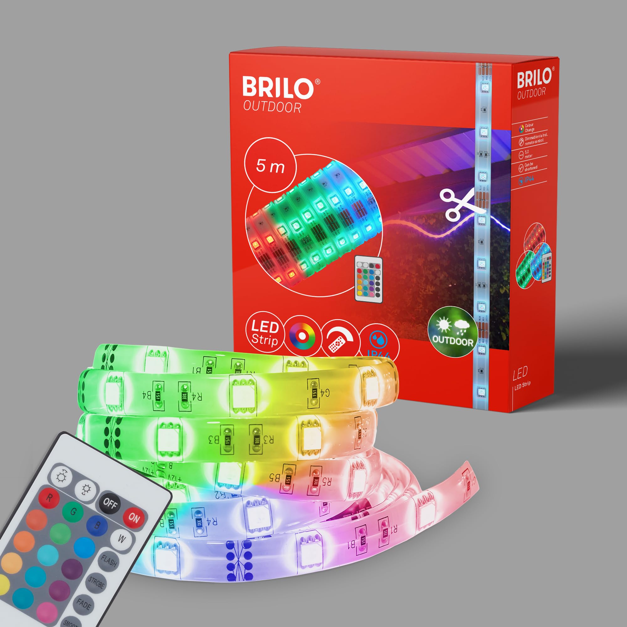 BRILONER Leuchten - LED Strip 5 m, Outdoor, Dimmable, RGB, IP44 Splashproof, LED Strip 150 x RGB LED/0.16 W
