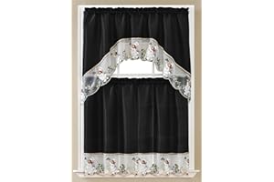 GLORY RUGS 3pc Peacock Black Chef Kitchen Curtain and Valance Set – 1 Swag Valance and 2 Tiers (30"x36" Each), Valance (60"x36")