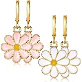 2 Pairs Daisy Earrings for Women, Daisy Flower Stud Earrings for Girs and Women, Cute Dangle Hoop with Flower Charm (Pink and White)