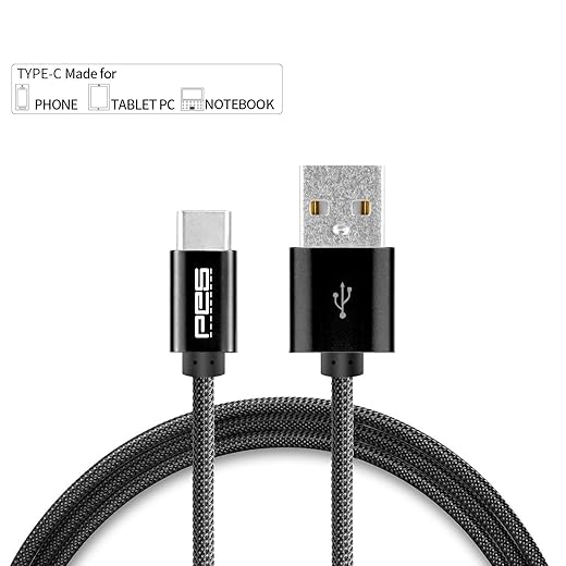 Pes Pure Zinc Alloy (Nylon Braided) Cable Premium USB Type C to USB A, Sync & Charging, All Type C Supported Devices – Black