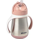 B&eacute;aba Baby Stainless Steel Straw Sippy Cup, 8+ Months, 8.5 Fl Oz, Rose | Straw &amp; Valve Adapted to Child's Mouth, Removable Handles for Babies, Insulated &amp; Spill-Proof, High-Grade Stainless Steel