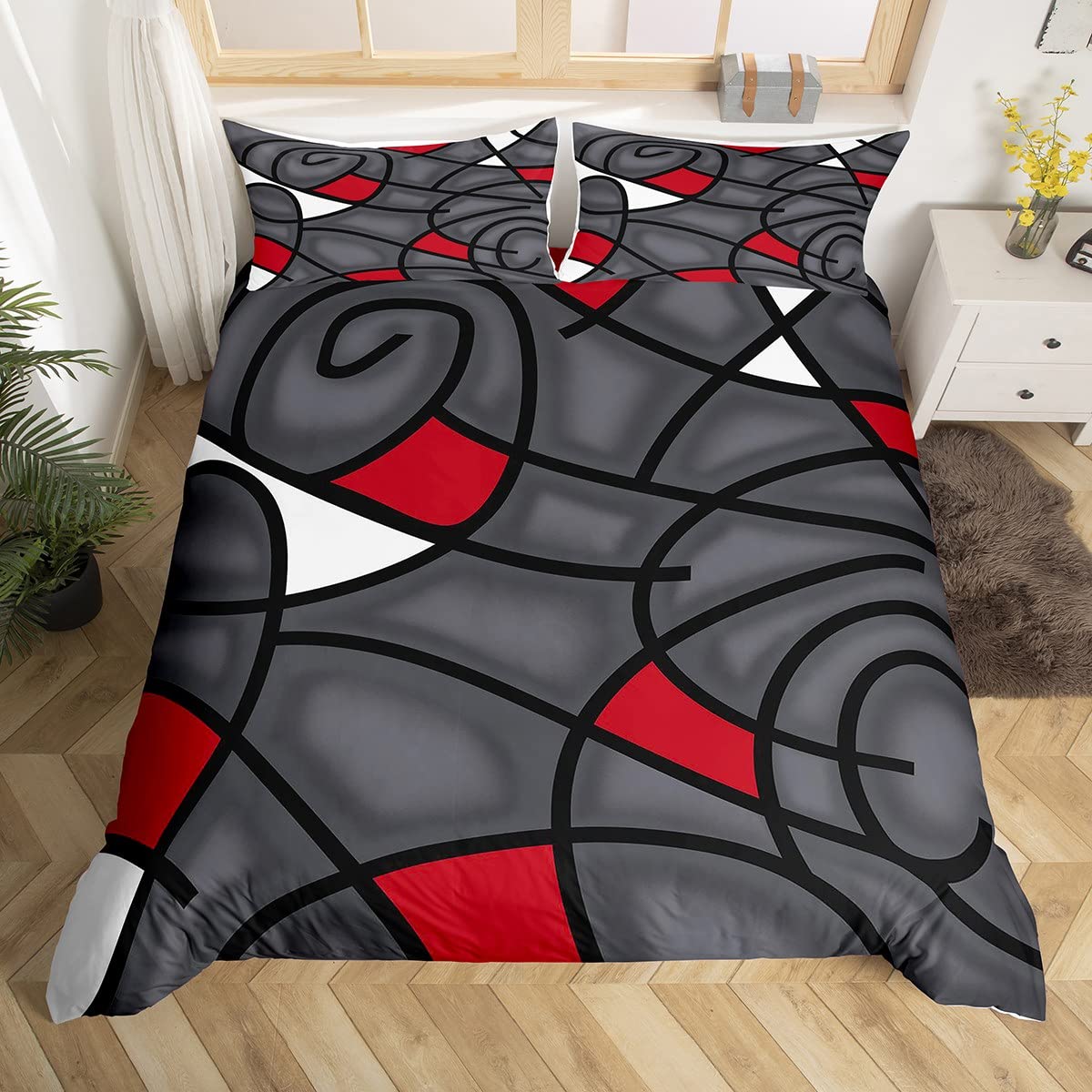 Loussiesd Black Red Swirl Bedding Set Kids Abstract Comforter Cover Set for Women Men Gray Trippy Geometric Duvet Cover Breathable Bedspread Cover King Size
