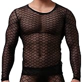 Ausing Men's Sheer Long Sleeve Shirt Mesh Diamond Athletic Casual Slim Fit Training Top M-XL