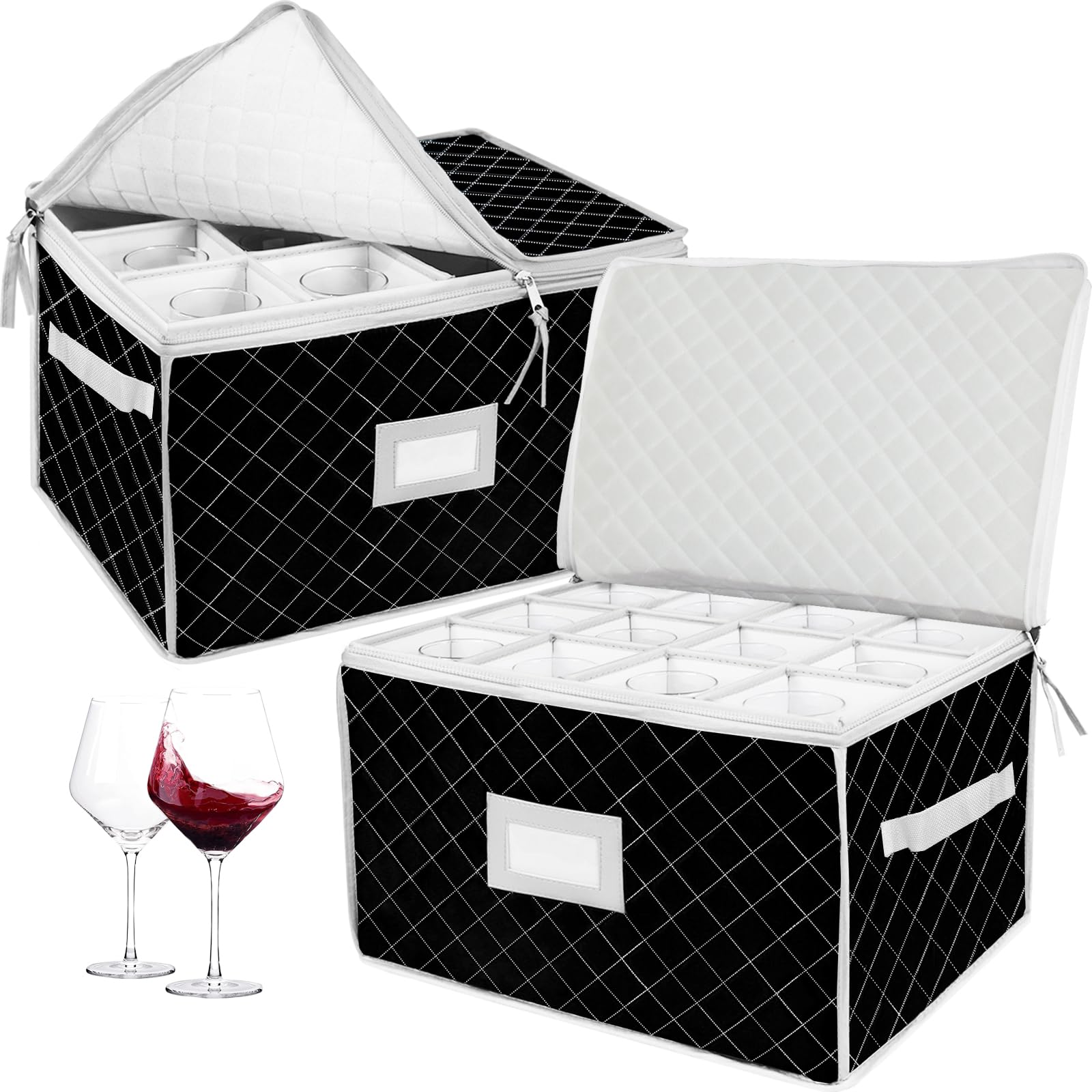 VERONLY (2 Pack) Wine Glass Storage Box with Lid -Stemware Storage Cases with 12 Dividers for Crystal Glassware Moving, Kitchen, Camping, Party, Travelling, Caravan (Black)