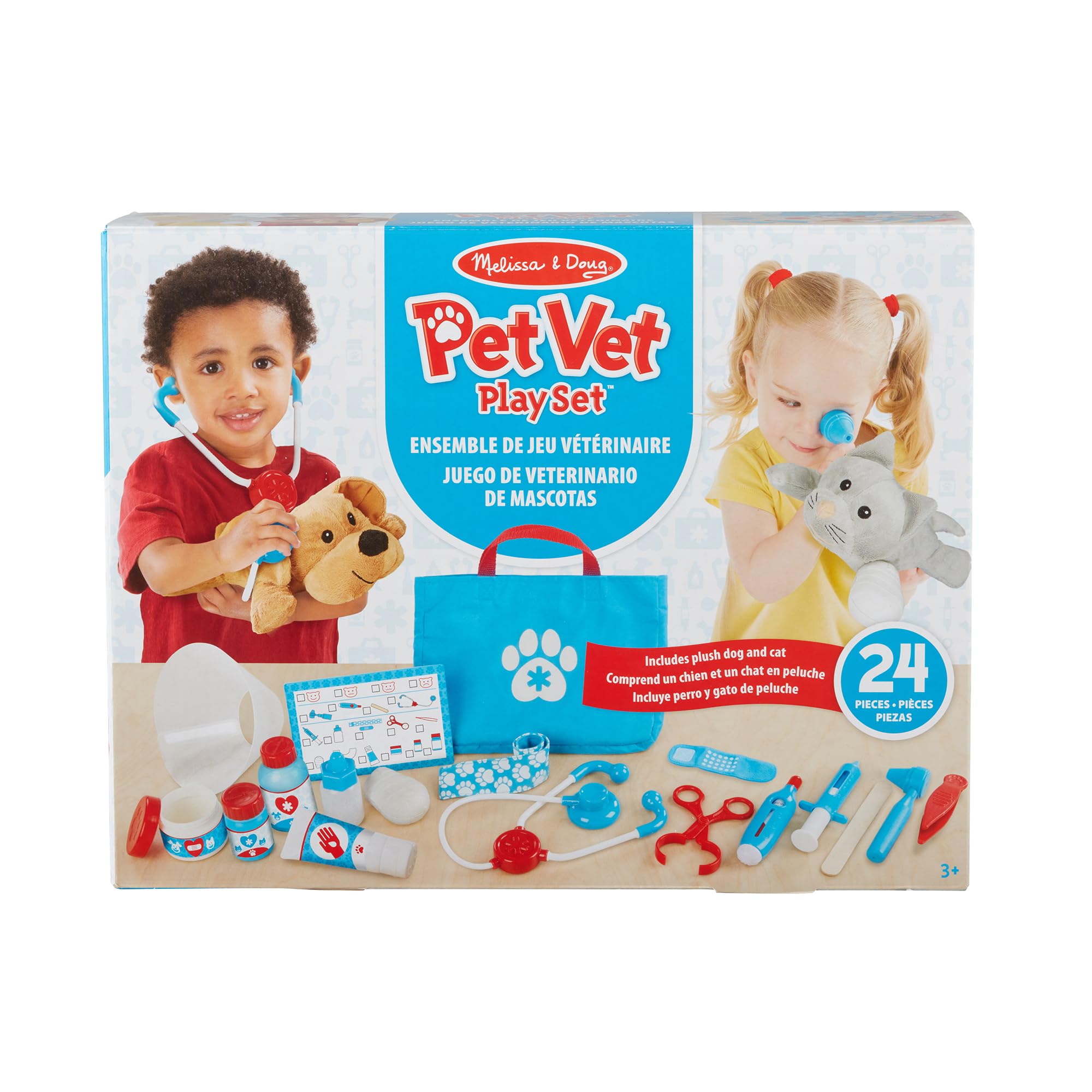Melissa & Doug Examine and Treat Pet Vet Play Set, 24-Piece Animal Doctor Playset with Dog & Cat Plushies, Pet Doctor Kit & Accessories, Preschool Toys for Girls & Boys Ages 3+