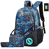 Pawsky School Backpack for Boys, 14 Inch Laptop Backpack with USB Charging Port, Anti-theft Lock, Lunch Bag & Pencil Case, Lightweight Water Resistant Bookbag Daypack