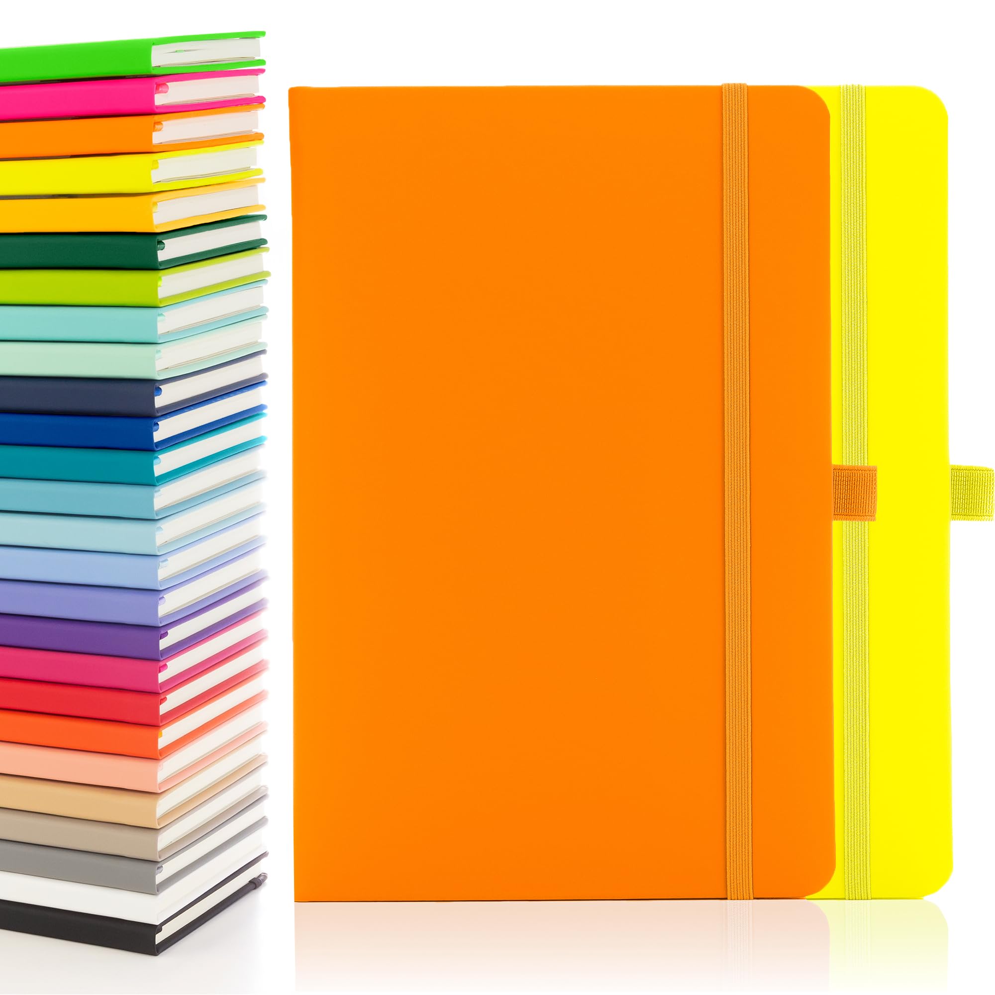 Notes London 2 x Eco A5 Notebook with Lined Pages, Pen Loop, Ribbon, Date Marks and Paper Pocket, Medium Hardback Journal, Note, sustainably sourced paper (Neon Yellow & Neon Orange)