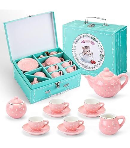 TOSUTO Juego De Té Infantil De 52 Piezas – Tetera, Tazas, Platos Y Pasteles De Juguete Para Niñas De 3 A 7 Años, Con Maletín Rosa