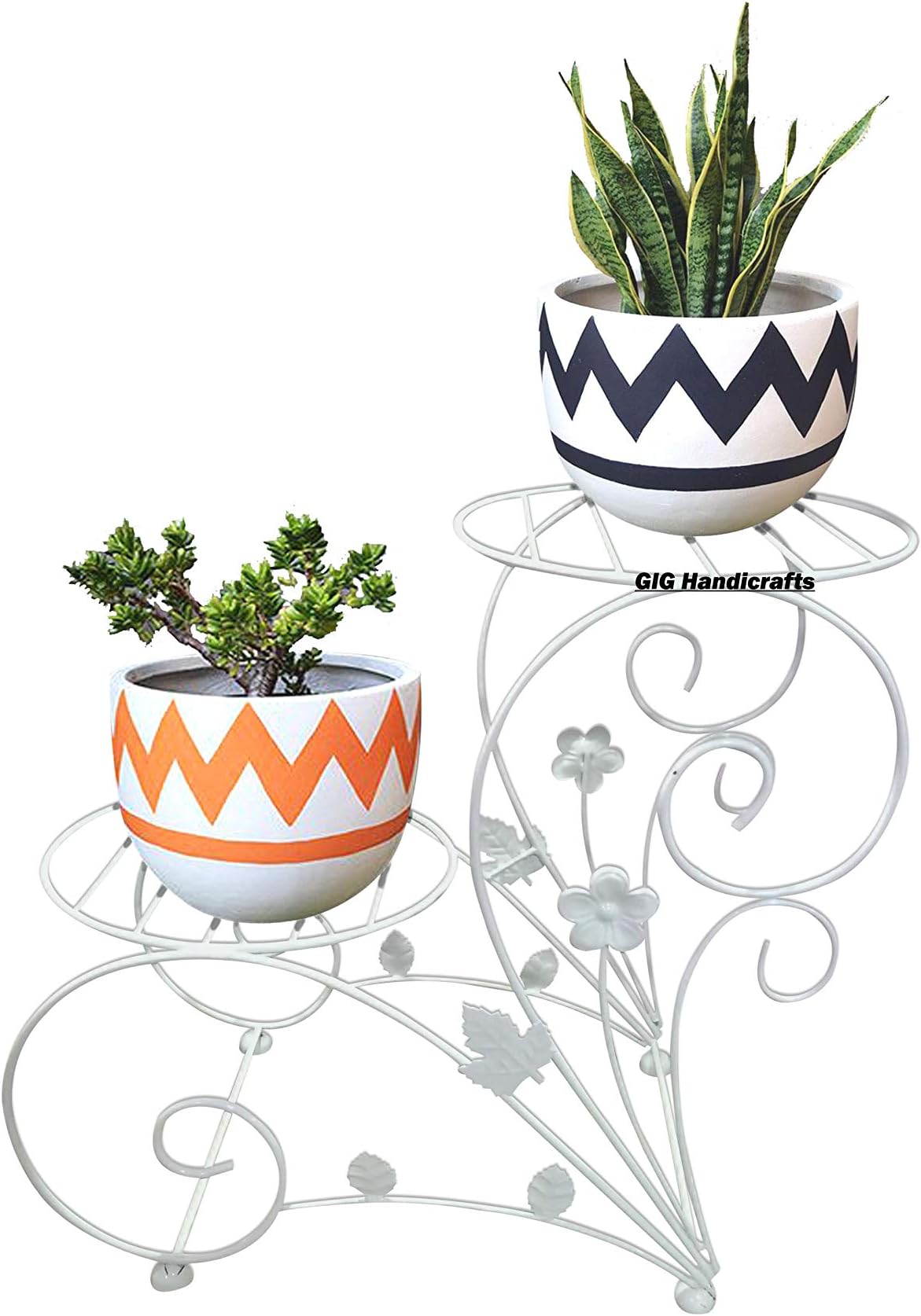 GIG Handicrafts Two Tiered Decorative Display Potted Plants Shelf without Metal Pots for Balcony (White , 52 x 28 x 44 cm)