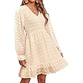 BTFBM Spring Dresses for Women 2026 Long Sleeve Casual V Neck Swiss Dot Smocked Ruffle Chiffon Flowy Mini Summer Dress