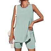 Esobo Women's Summer 2 Piece Outfits Sleeveless High Low Spilt Hem Tank Top Biker Shorts Sets Lounge Set Tracksuit