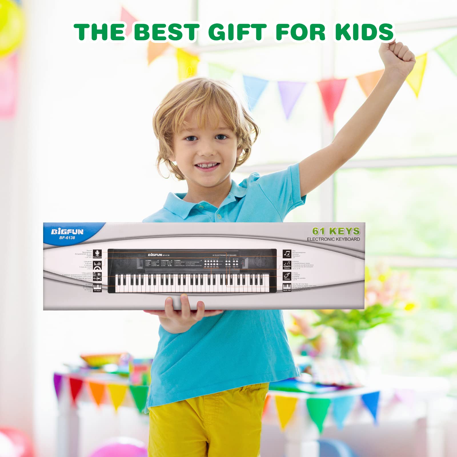M SANMERSEN Kids Music Keyboard, 61-Key Portable Electronic Piano Toy with Microphone, Teaching Tool for Beginners, Ages 3-12, Black