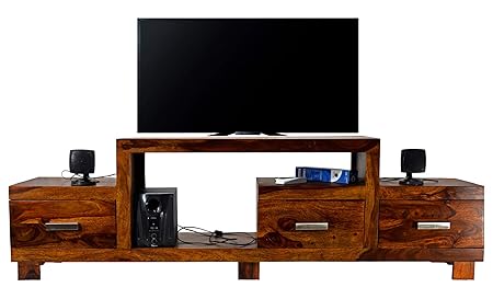 Daintree TimberTaste Sheesham Wood 1.75 Meter New Nadia Natural Teak Finish 3 Drawer Tv Unit Cabinet Entertainment Stand
