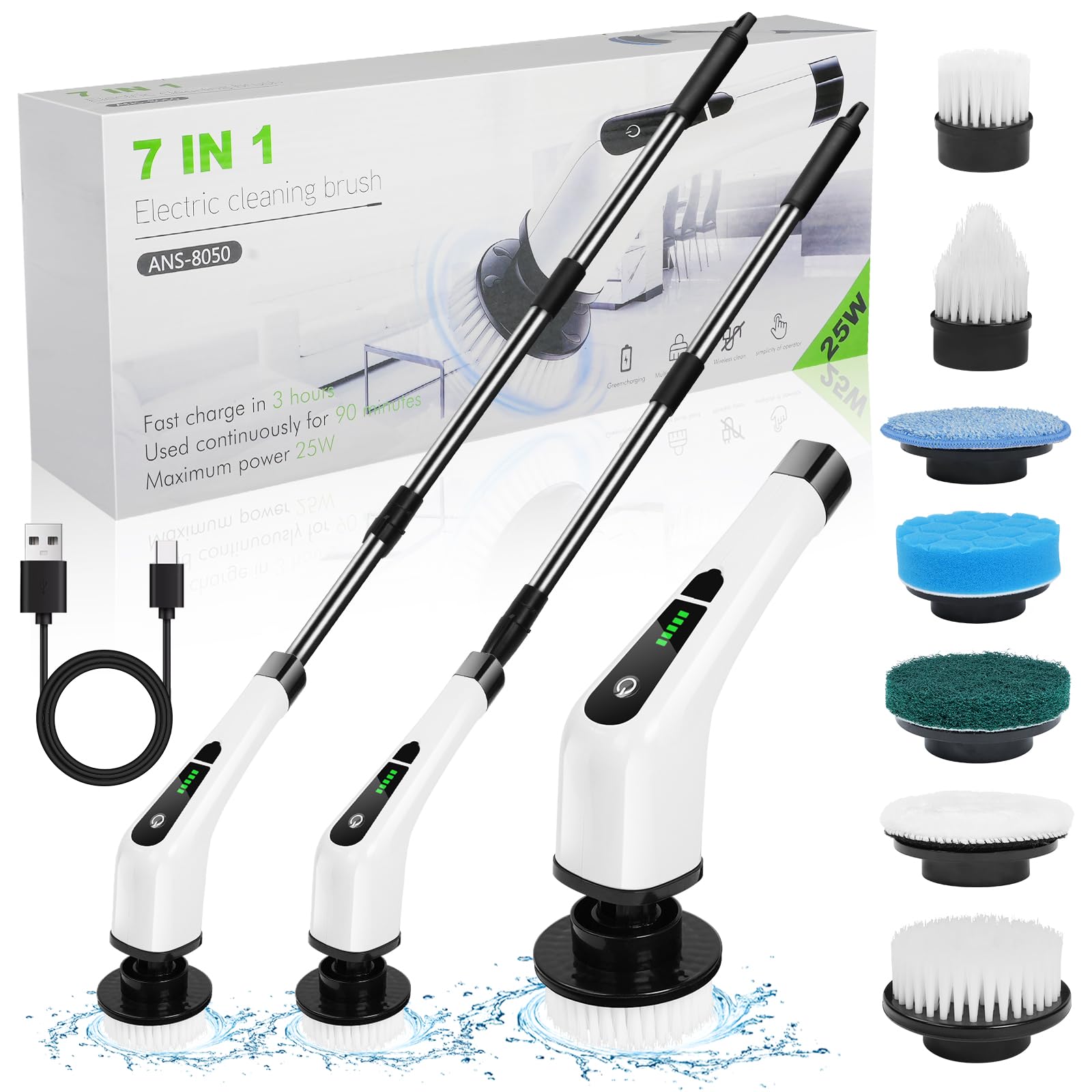 OSDUE Electric Spin Scrubber, Cordless ​Shower Cleaner with 7 Replacement Brushes, 400 RPM Electric Bathroom Cleaning Brush with Adjustable Extension Arm for Tile, Tub, Kitchen, Floor, Bathroom