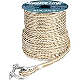 MARINE SYSTEM Made 3/8 Inch 100FT 150FT Gold/White Nylon Anchor Line Double Braided Anchor Rope/Line with Thimble (3/8" x 100')