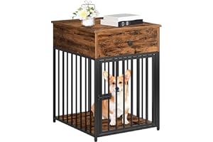 HOOBRO Dog Crate Furniture, Wooden Dog House, Decorative Dog Kennel with Drawer, Indoor Pet Crate End Table for Small Dog, Steel-Tube Puppy Cage, Chew-Proof, Rustic Brown and Black BF01GW03