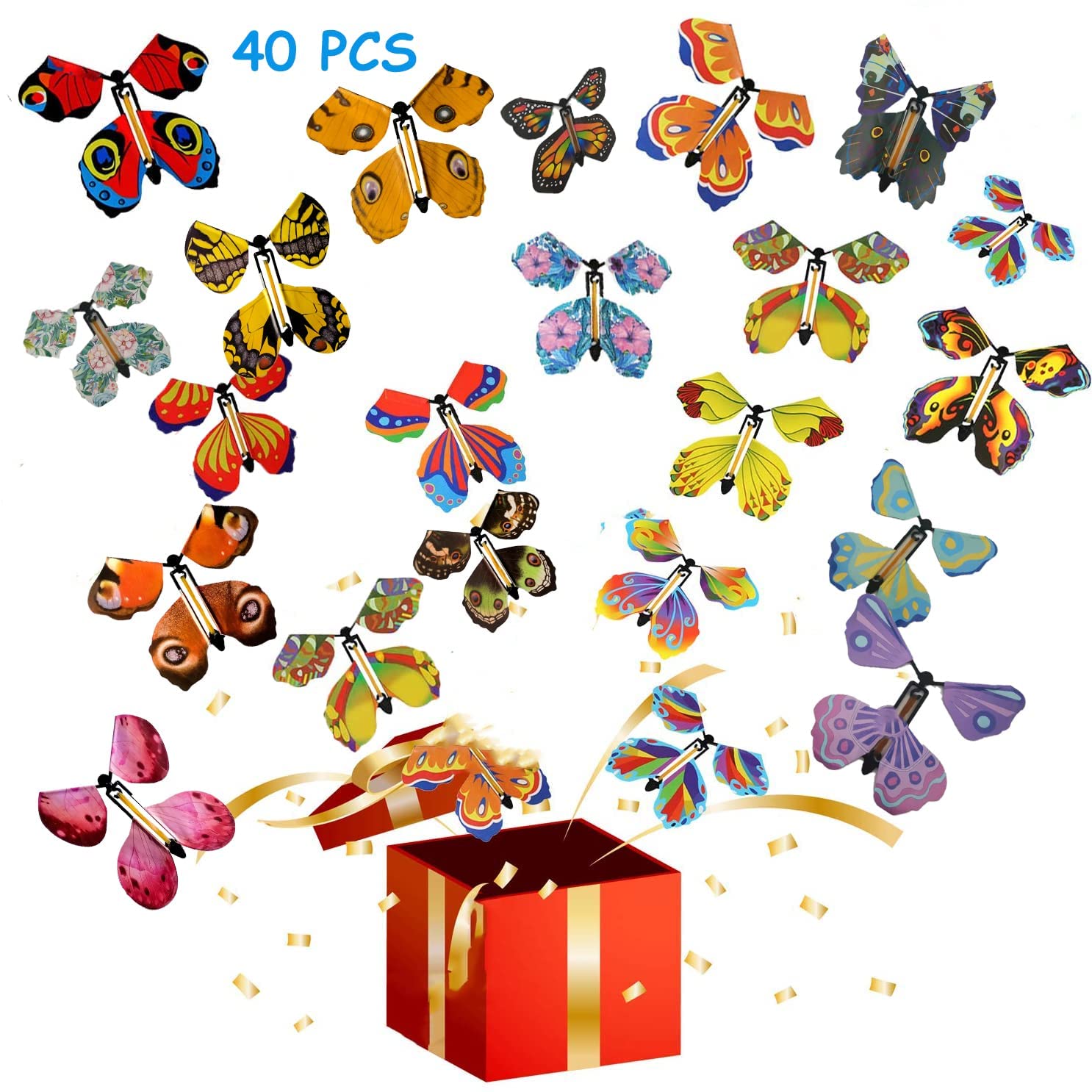 40 PCS Magic Flying Butterfly, 20 Different Pattern Fairy Flying Toys Wind up Rubber Band Powered Butterfly Toys Decoration for Colorful Bookmark and Greeting Card Surprise (F)