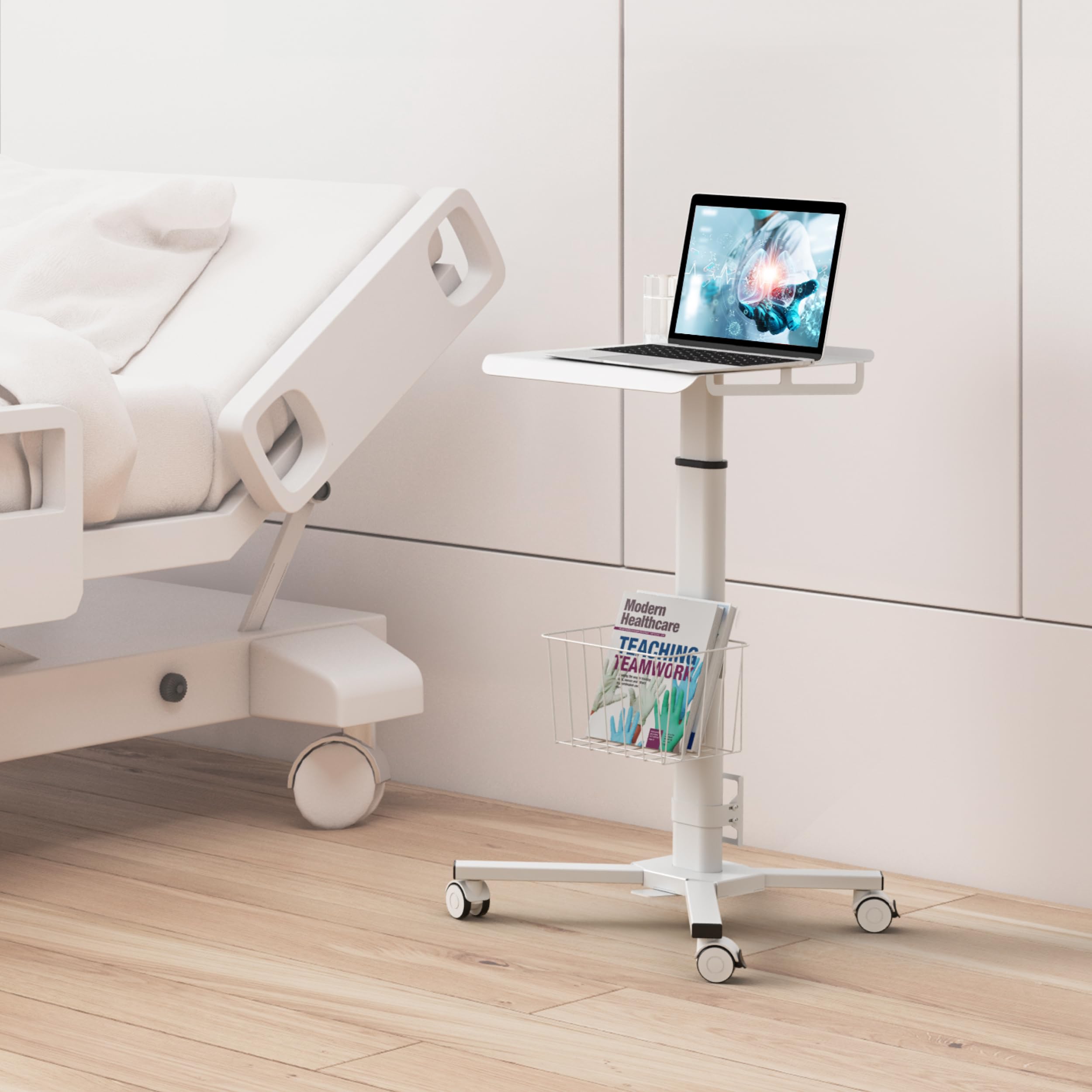 ONKRON Mobile Laptop Cart on Wheels with Load up to 17.6 lbs, Height Adjustable Side Table with Wheels & Storage, Portable Workstation for Laptop/Small Rolling Desk for Couch White