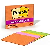 Post-it Super Sticky Lined Notes, 4 Sticky Note Pads, 8 x 6 in., School Supplies, Office Products, Sticky Notes for Vertical Surfaces, Monitors, Walls and Windows, Energy Boost Collection