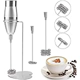 Electric Milk Frother, Ventercess Handheld Foam Maker, Battery Operated Whisk, Powerful Electric Stainless Steel Foam Maker Beater With Triple Double and Single Spring Whisk Head and Storage Stand