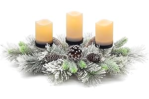BAYN Christmas Centerpiece Table Decorations, Handcrafted Snowy Pine Cones and Pine Needles with 3 Candle Holders for Dining Table Fireplace Mantel - 27.5 in