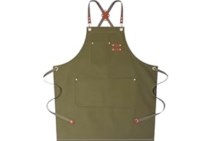 AFUN Chef Aprons for Women Men with Large Pockets, Cotton Canvas Cross Back Water Repellent Work Apron, Size M to XXL (Greygreen)