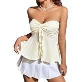 Milumia Women Tie Front Ruched Tube Top Y2k Summer Strapless Peplum Tops | Babydoll Flowy Tank, Going Out Shirts, Flared Hem Bandeau, Beach, Country Concert Outfits, Vacation