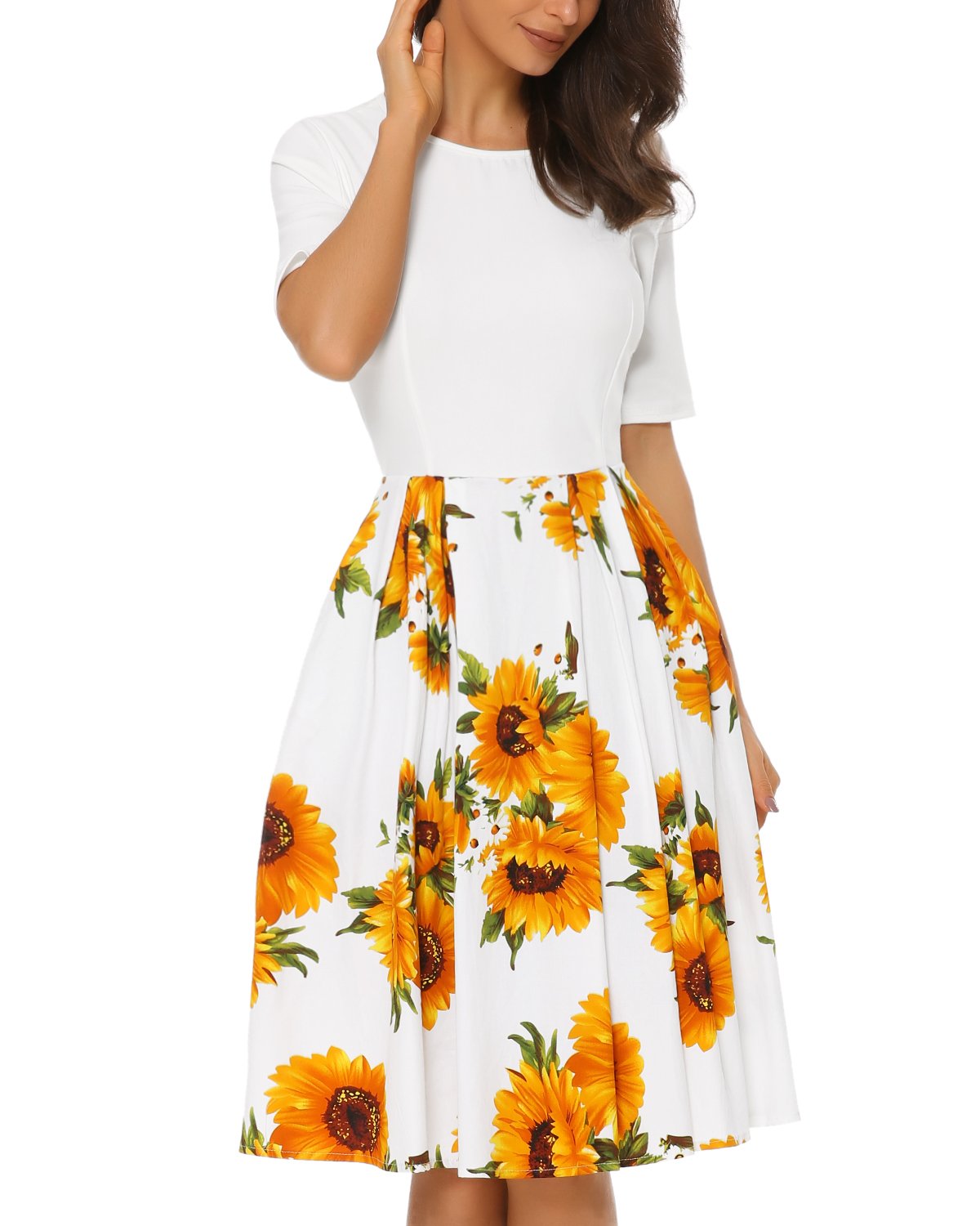 Mixfeer Women’s Vintage Midi Dress Floral Scoop Neck Short Sleeve Casual Work Cocktail Party Swing Dress with Pockets