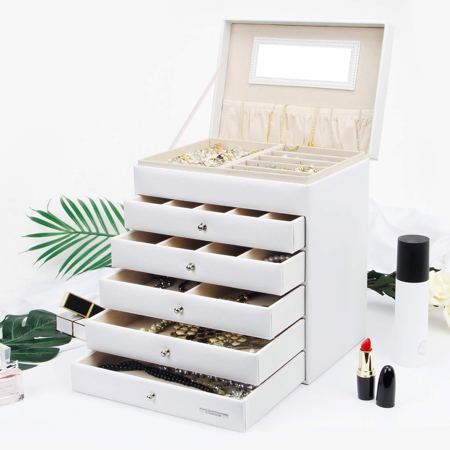 Seelux Jewellery Box, Large Storage Organizer Boxes, with 5 drawers and mirror, Bracelets, Earrings, Rings - Image 3