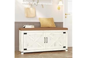 Hzuaneri Shoe Storage Bench, 2 Tier Shoe Bench with Padded Seat Cushion & 2 Barn Doors, Entryway Bench with Adjustable Shelf,