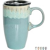 Bosmarlin Ceramic Travel Coffee Mug with Handle and Lid, 18 oz, Portable Coffee Cup for Car Cup Holder, Microwave and Dishwasher Safe, Reactive Glaze (Peacock Blue)