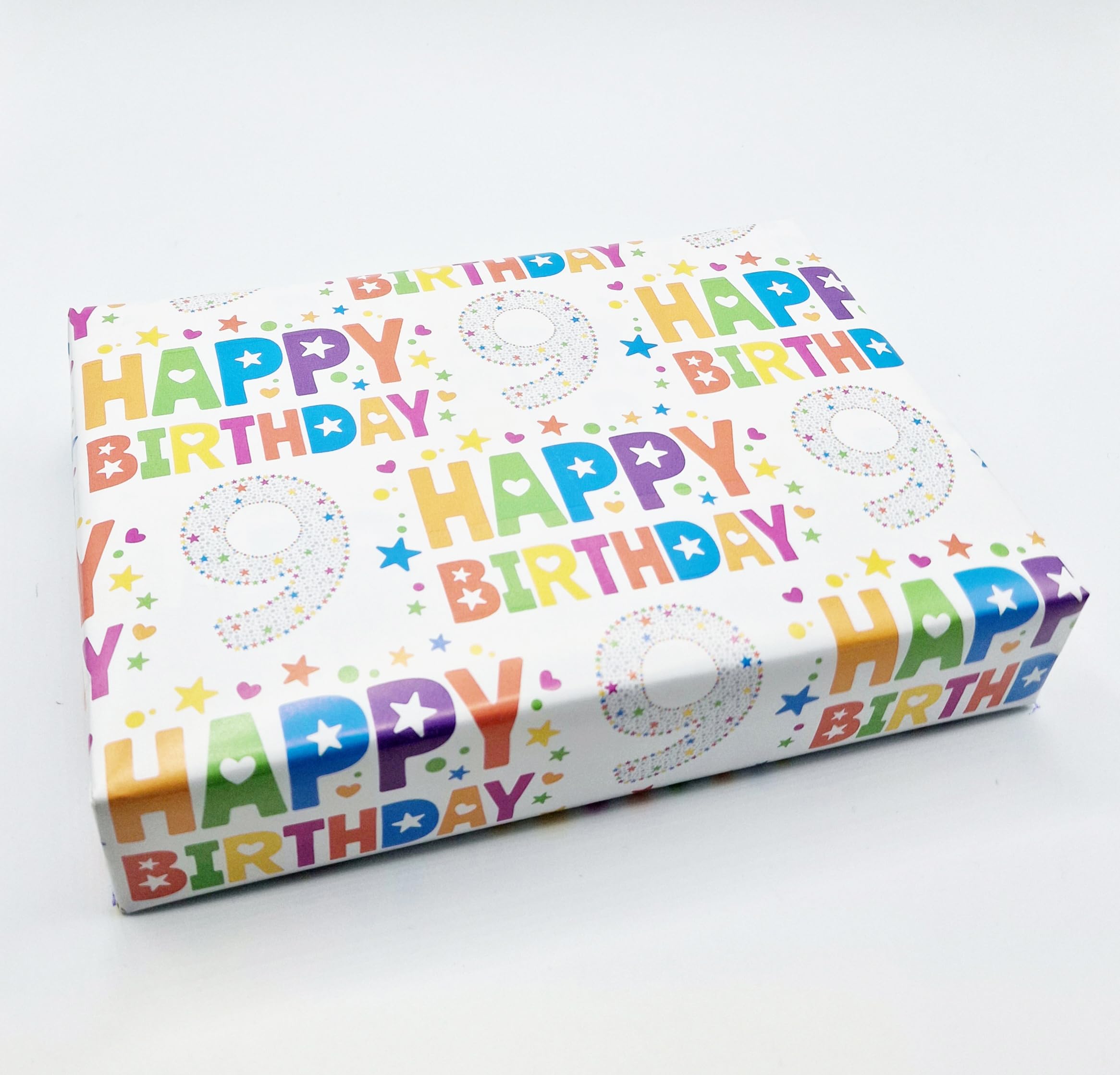 4 Sheets 4 Tags 9th Birthday Boy Girl Unisex Multi Coloured Wrapping Paper Age 9 Cute Fun Attractive Birthday Giftwrap Male Female (PA)