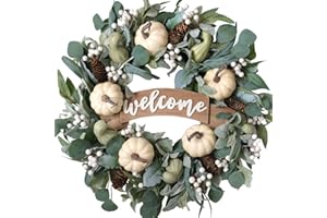 Egolot 24 Inch Fall Eucalyptus Pumpkin Wreath for Front Door, Green White Pumpkin Welcome Sign Wreath for Indoor and Outdoor, Eucalyptus Leaves Wreath for Home Decor