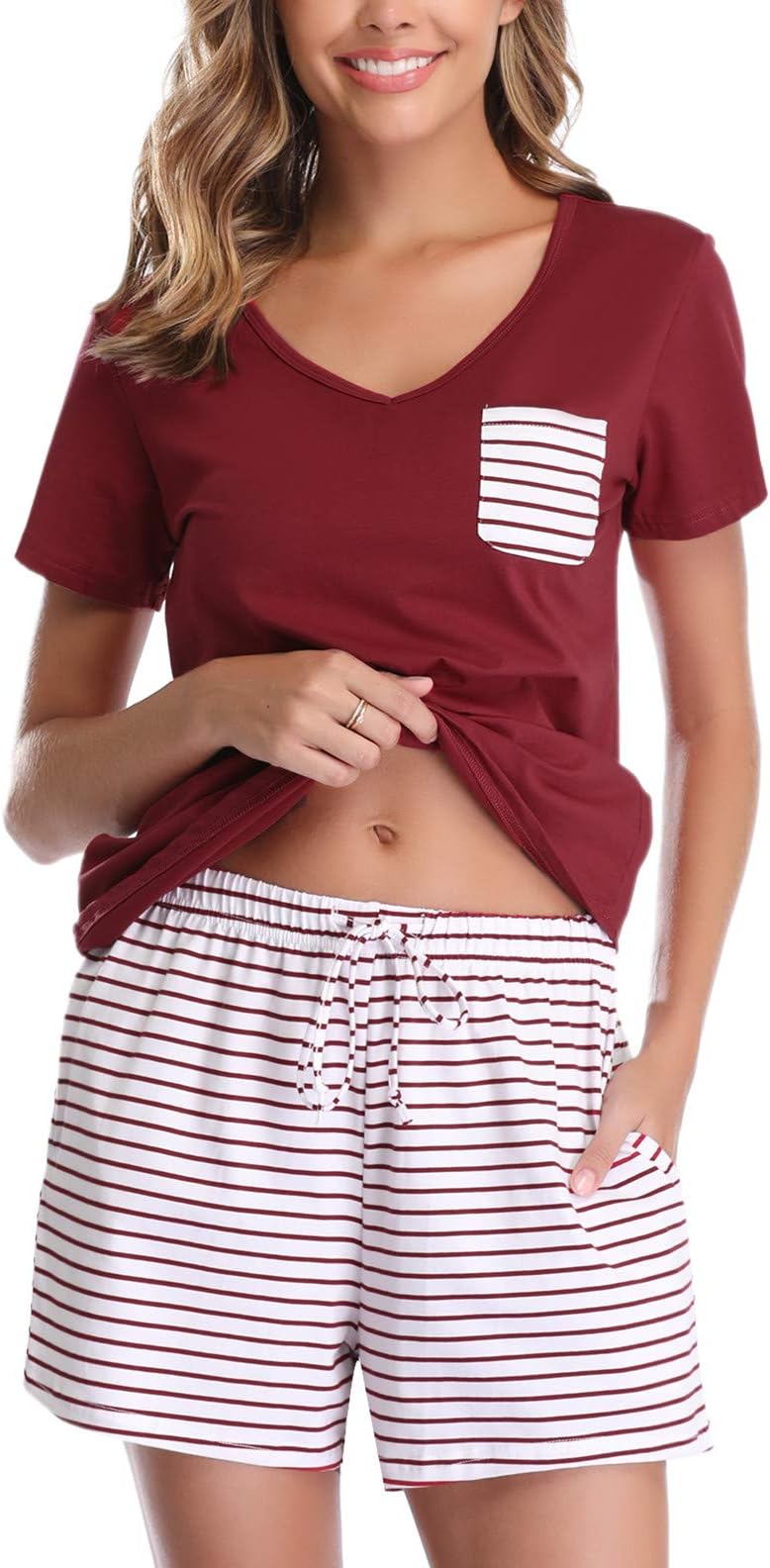 Women's Summer Pajama Sets V-Neck Soft Shorts Pjs Set Sleepwear with Pockets