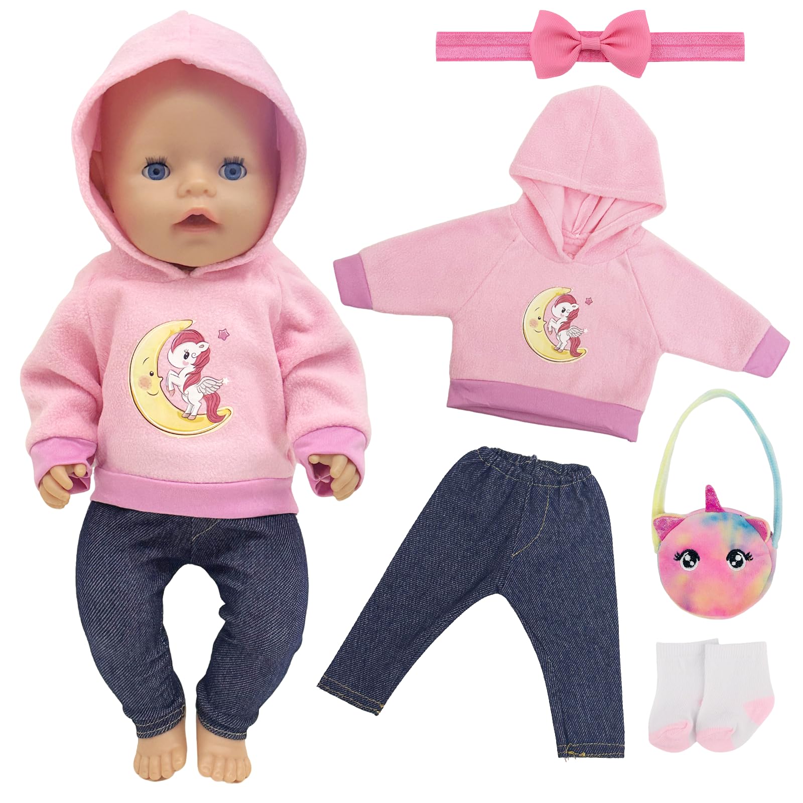 Baby Dolls Doll Clothes Outfits for 35-43 cm 14 Inch 16 Inch 17 Inch Baby Doll Include 1 Hooded Sweatshirt 1 Trousers 1 Bag 1 Bow Beadband 1 Pair Socks, Doll Clothing Set for Kids Girls