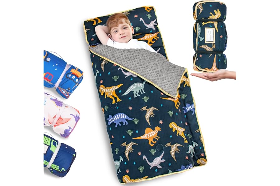 Primlect Toddler Nap Mat with Pillow, Thickened Extra Large Sleeping Bag | 55''x35'' Sleeping Mat with Blanket, Washable, Rol