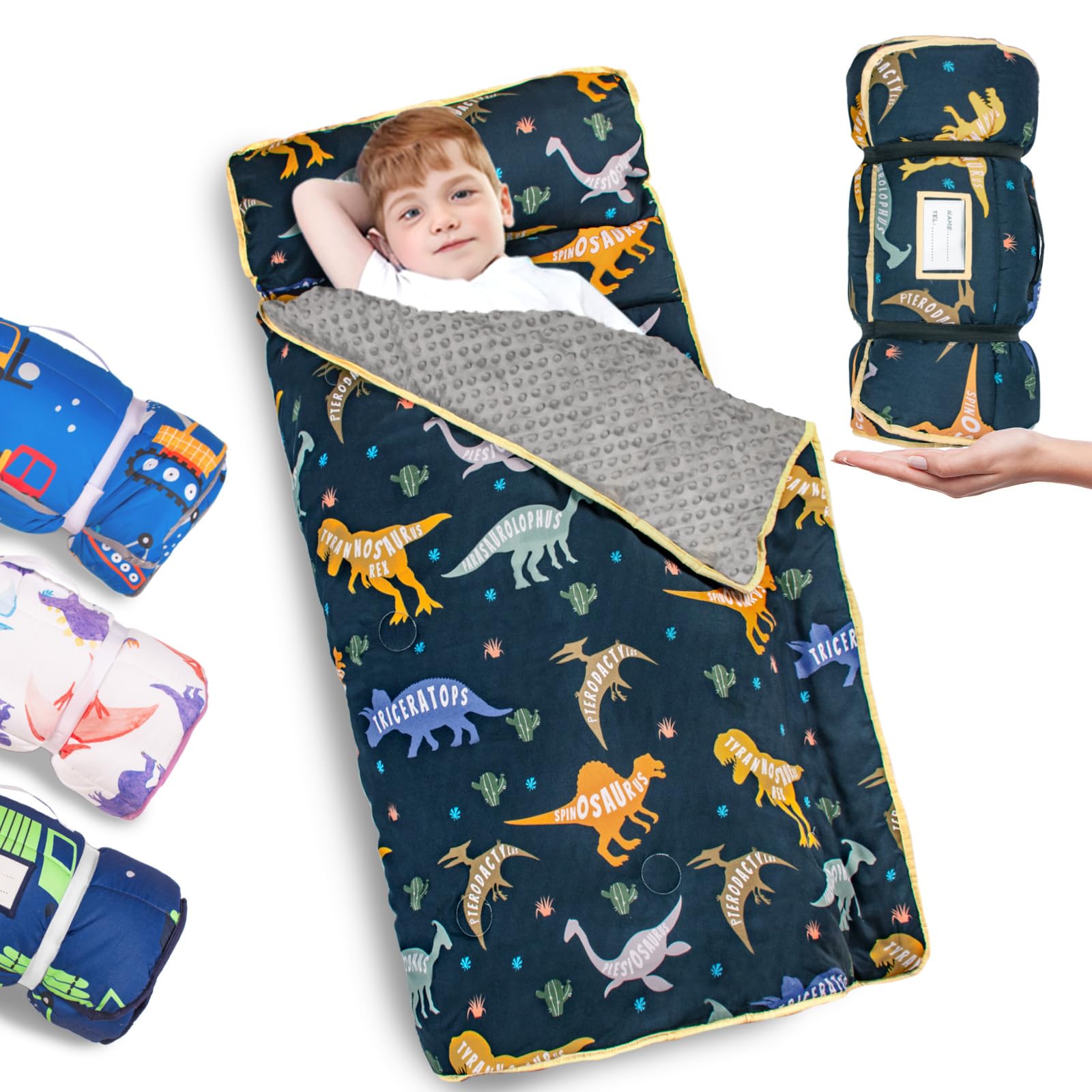Photo 1 of Primlect Thickened Toddler Nap Mat with Removable Pillow and Minky Blanket, Extra Large 55''x35'' Sleeping Bag, Washable, Roll up, Perfect for Daycare, Preschool, Kindergarten, Boys and Girls Dinosaur