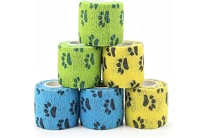 MUEUSS Self Adhesive Bandages Wrap,Cute Wrap Vet for Dogs Horses Cats Ducks Pets,First Aid Athletic Tape Elastic Bandage Waterproof After Surgery,Dog Wound Wrap,Sports Tape(2inches 6rolls Cat Paw A)