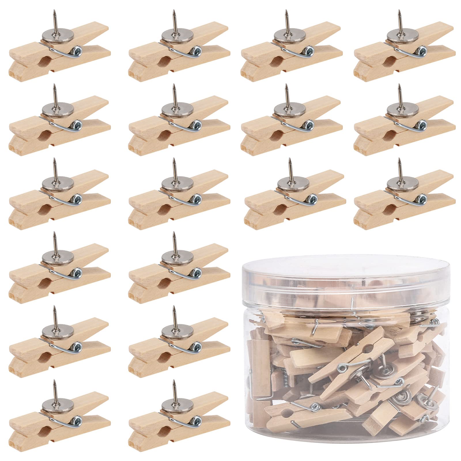 Push Pins With Wooden Clips 50Pcs Wooden Clip Thumbtack for Cork Board Arts Projects Photo Supplies(Wood Color)