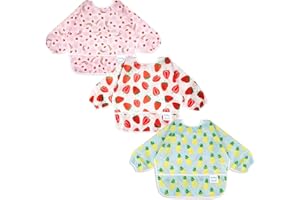BABY NOAH 3 Pcs Long Sleeved Bib Set|Baby Waterproof Bibs with Pocket Bundle|Toddler Bib with Sleeves|Stain Resistance Smock 6-24 Month