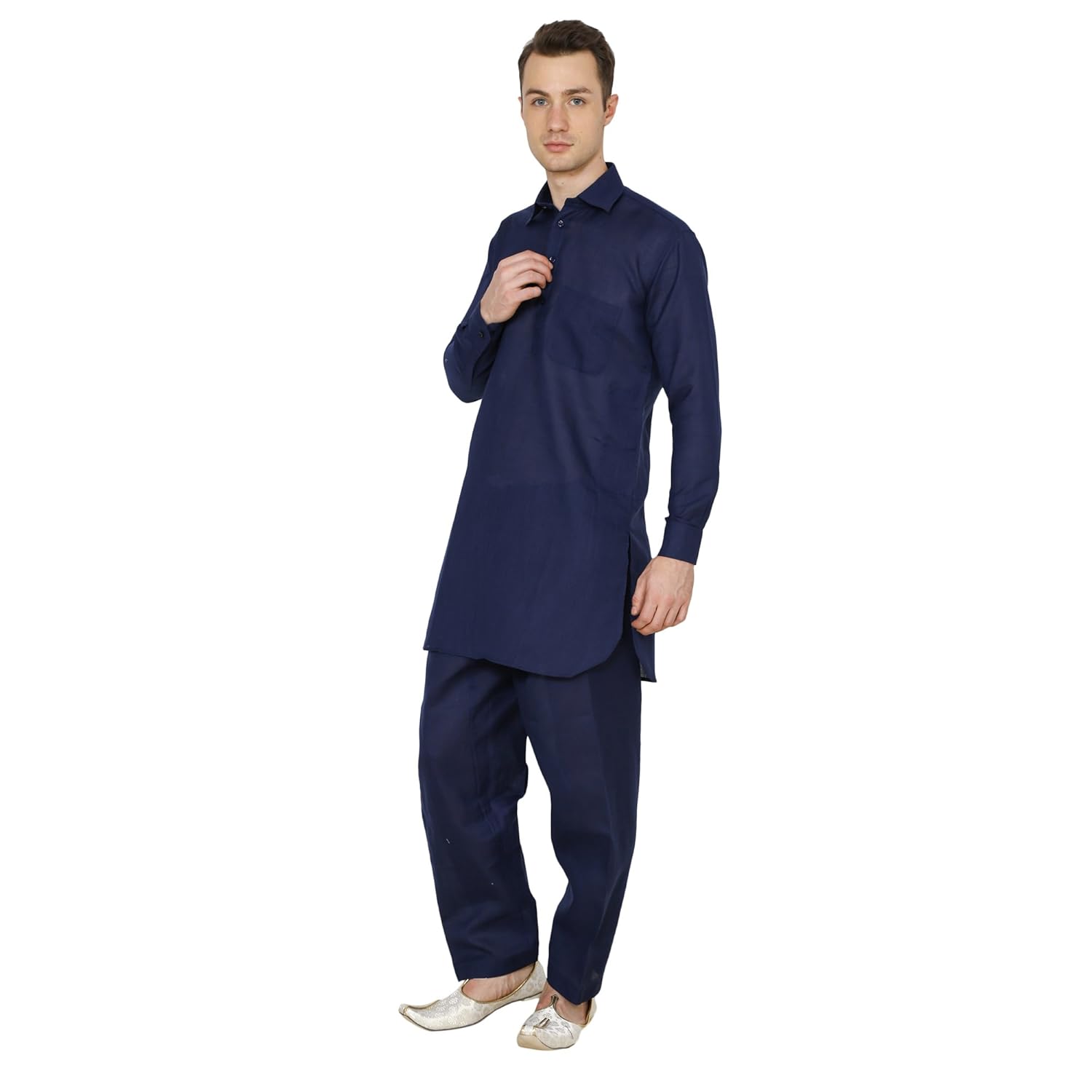 royal kurta pathani suit for men cotton linen blend-navy